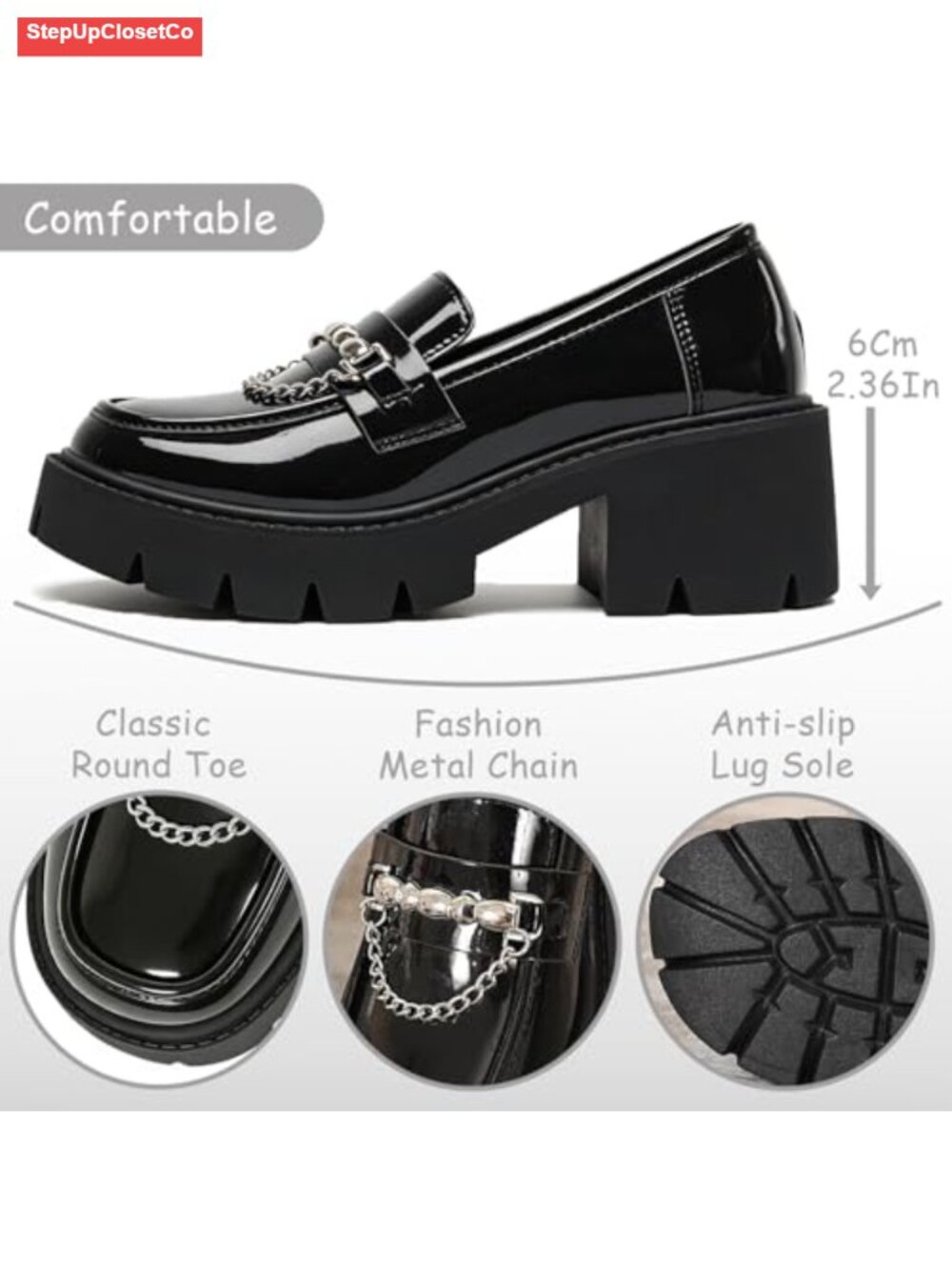 Women's Chain Chunky Heel Platform Loafers Lightweight Anti-Slip Lug Sole - Picture 3 of 6